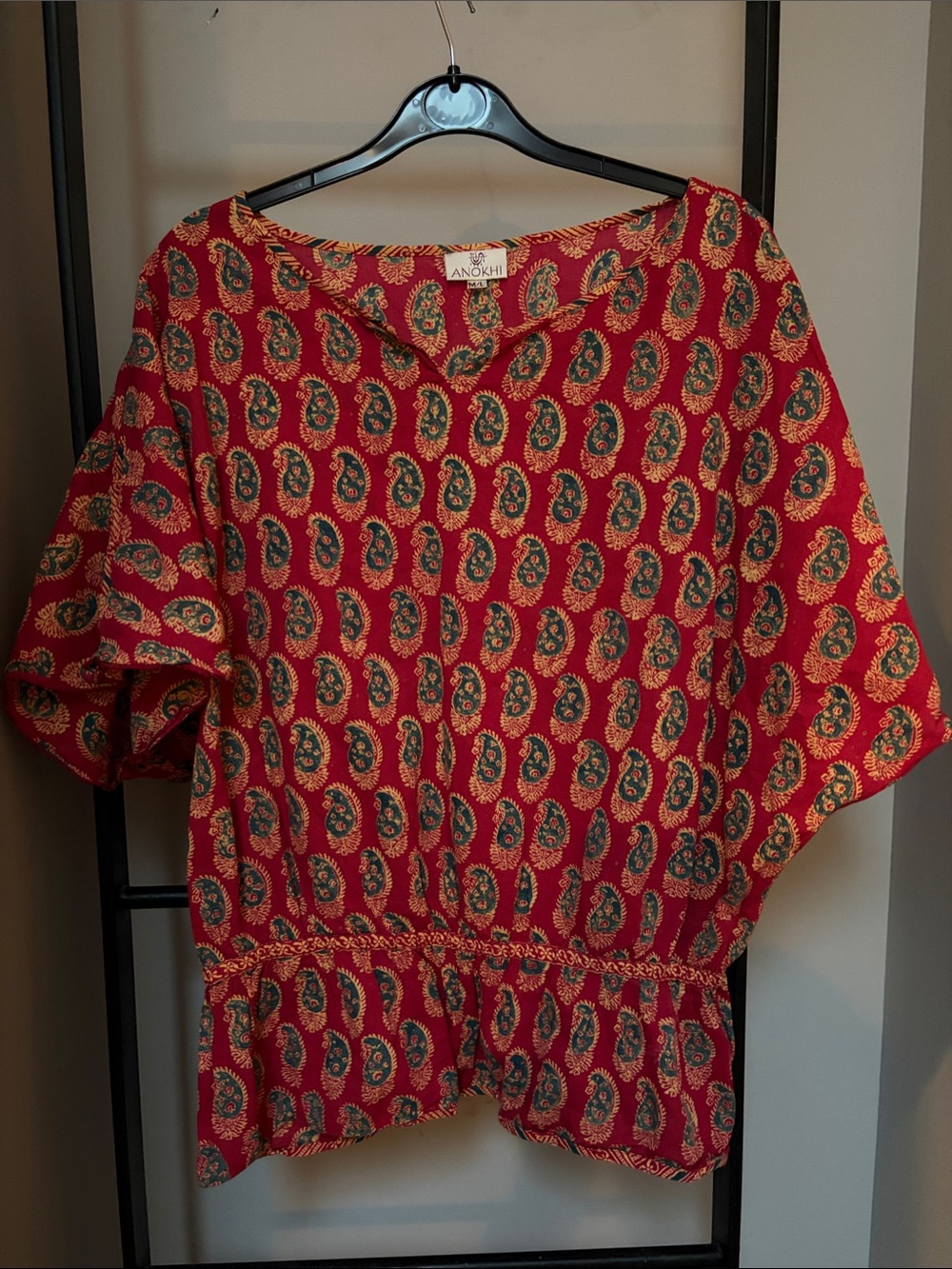 Anokhi authentic blockprint Red Paisley Short-Sleeve Blouse